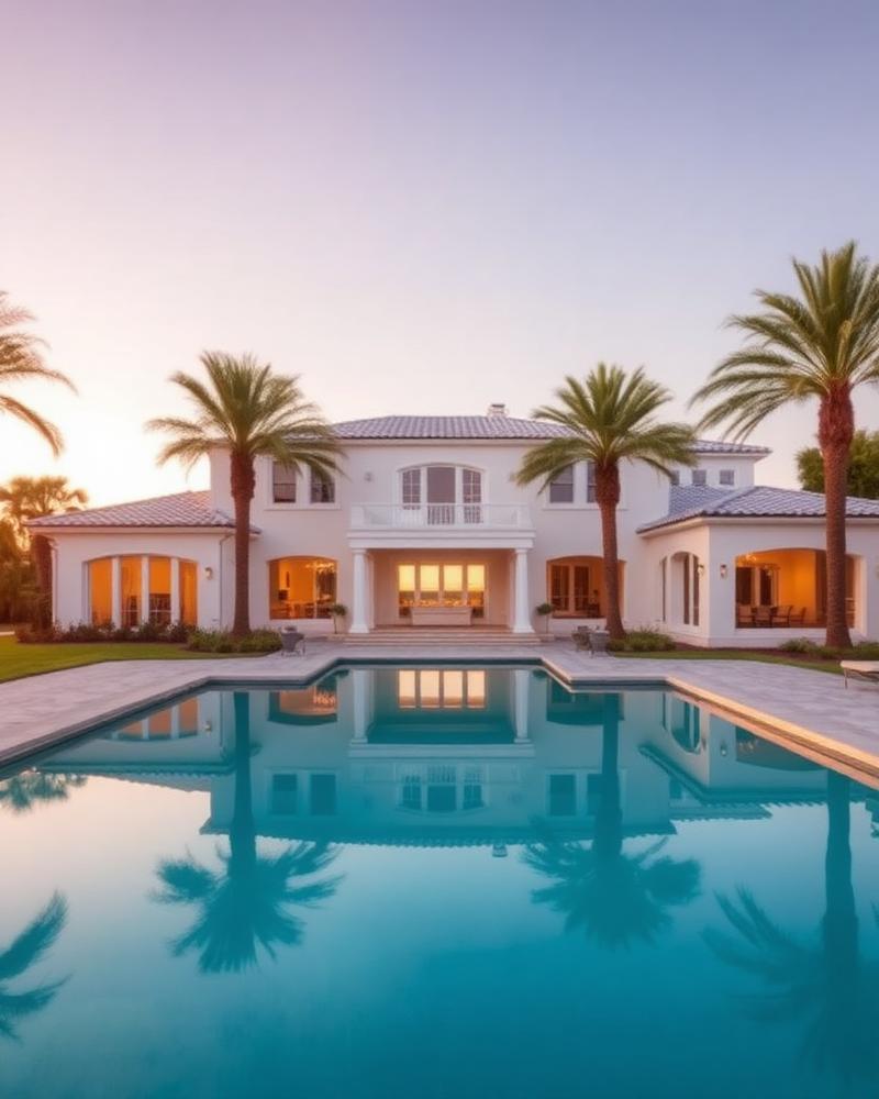 White stucco custom estate home with pool and palms on 30A
