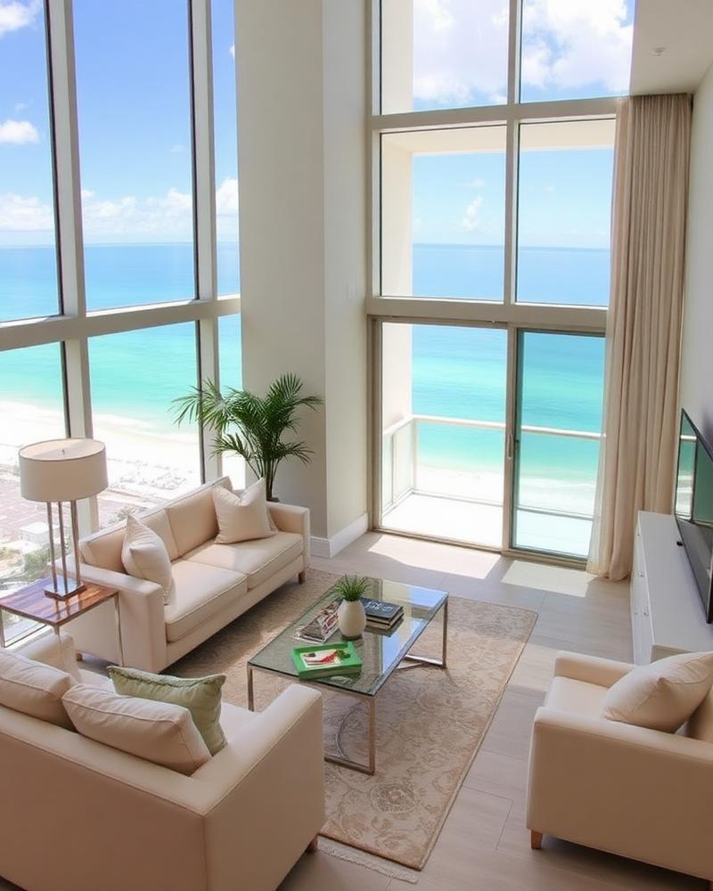 Luxury condo living room with floor-to-ceiling windows over the Gulf in Destin