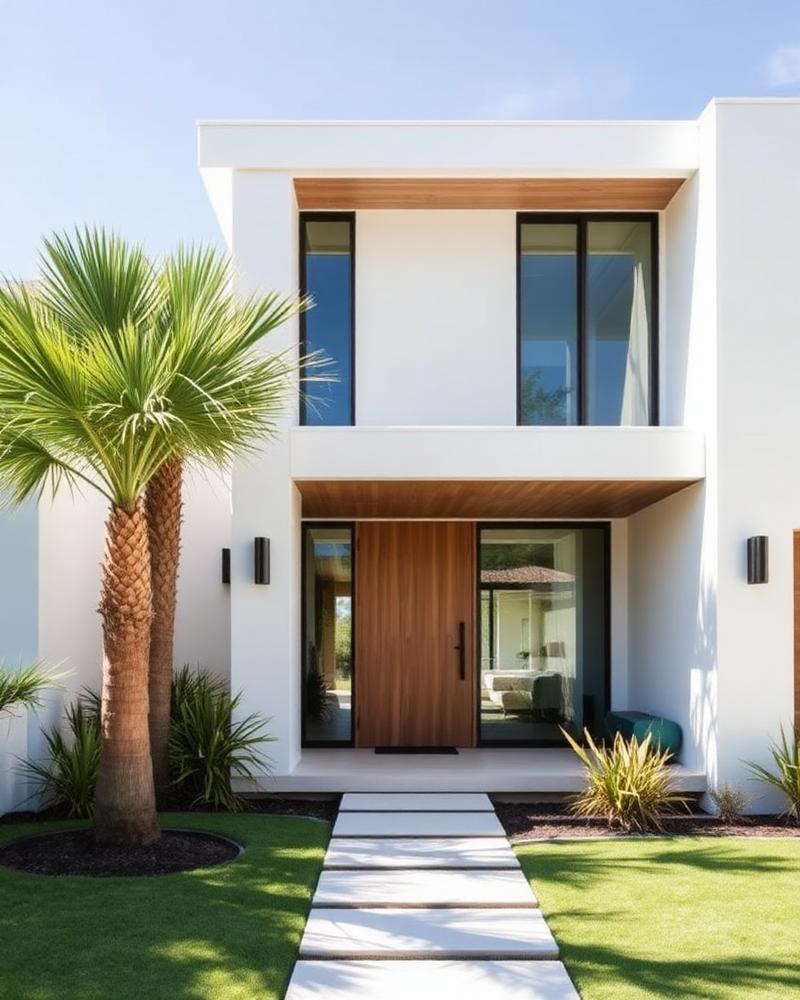 Minimalist white custom coastal home with wood accents on 30A